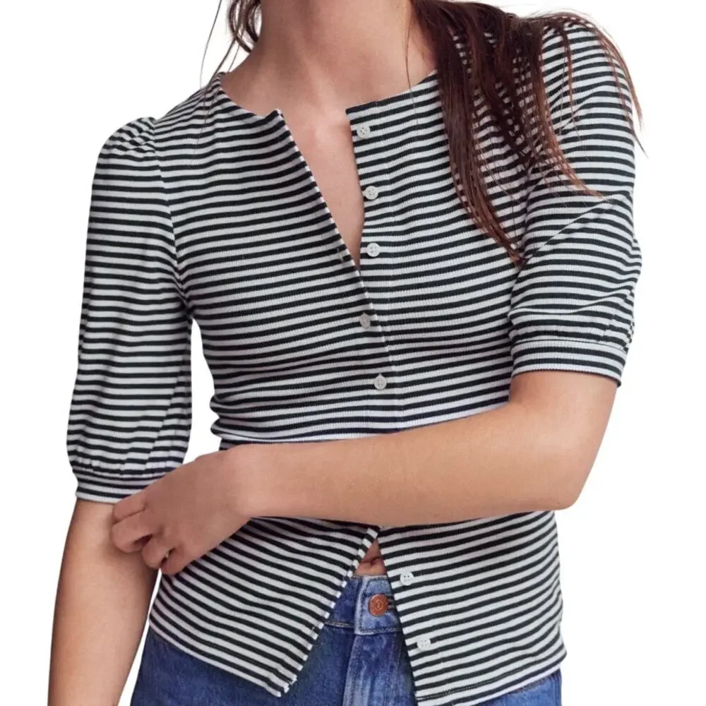 Boden Evie 90s Minimalism Casual Button Navy White Stripe Ribbed Puff Sleeve Top